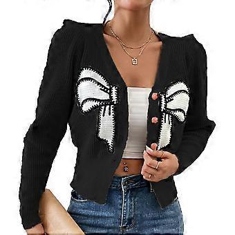 Women Knitted Coat Bowknot Decor V Neck Button Closure Short Type Long Sleeves Sweater Jacket Black M