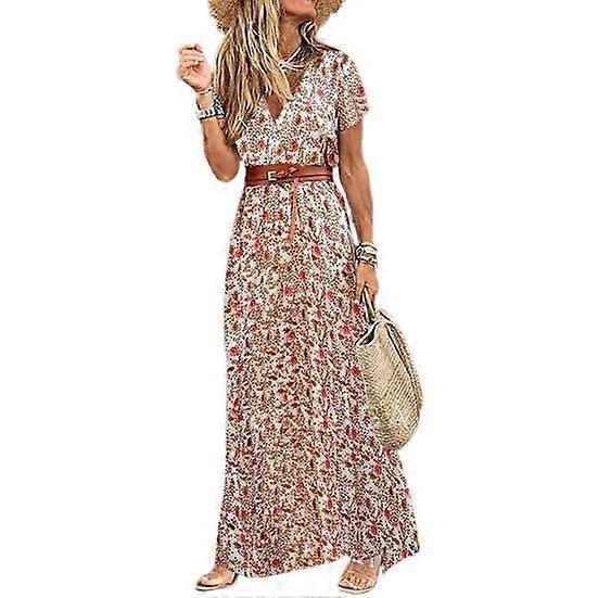 Bohemian Women's Dress In Swirl Print With Large Ruffles Short Sleeves And Furrow Ruffles With Work Belt