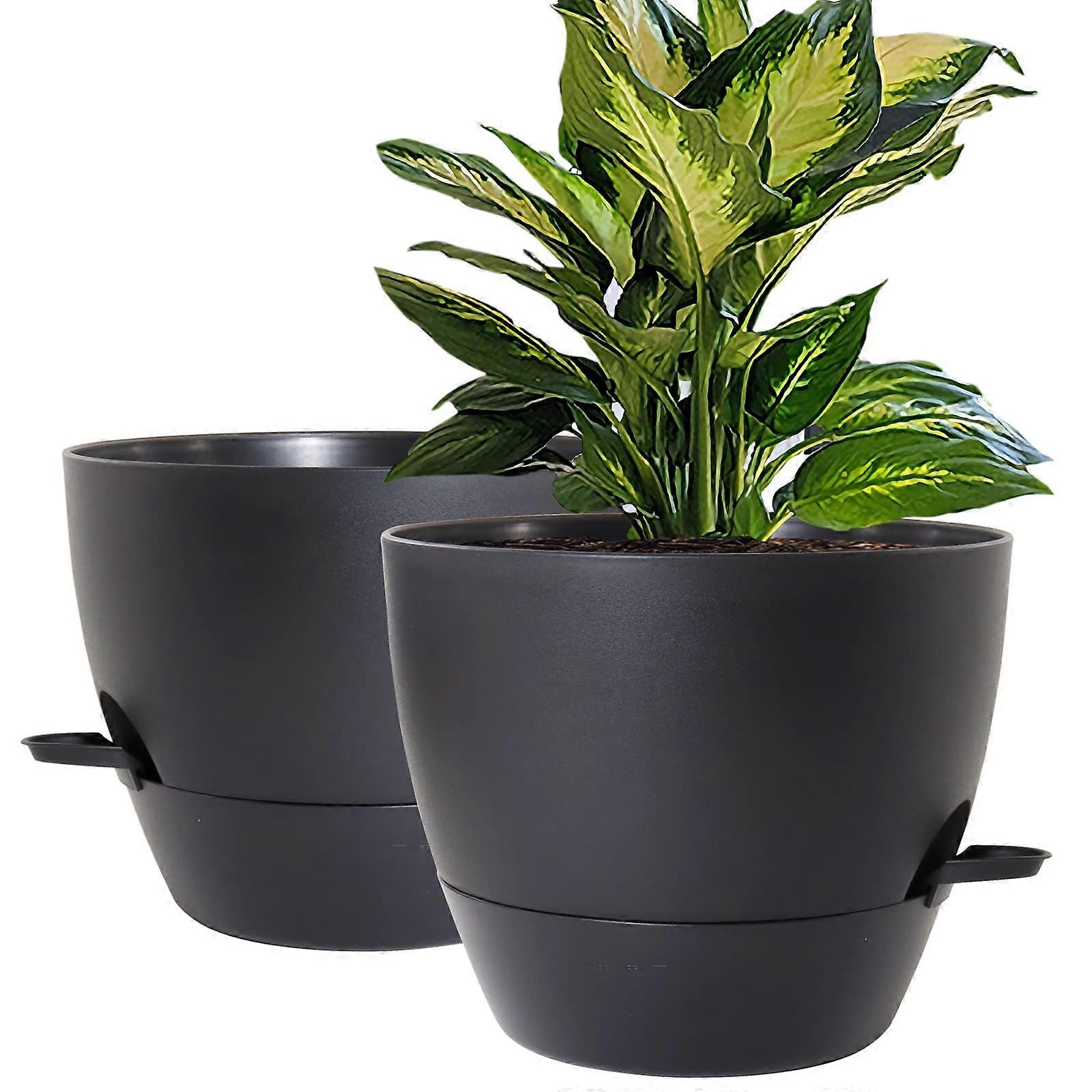 10 -inch self -irrigation planters, 2 closed outdoor plants, large plastic plant containers, black