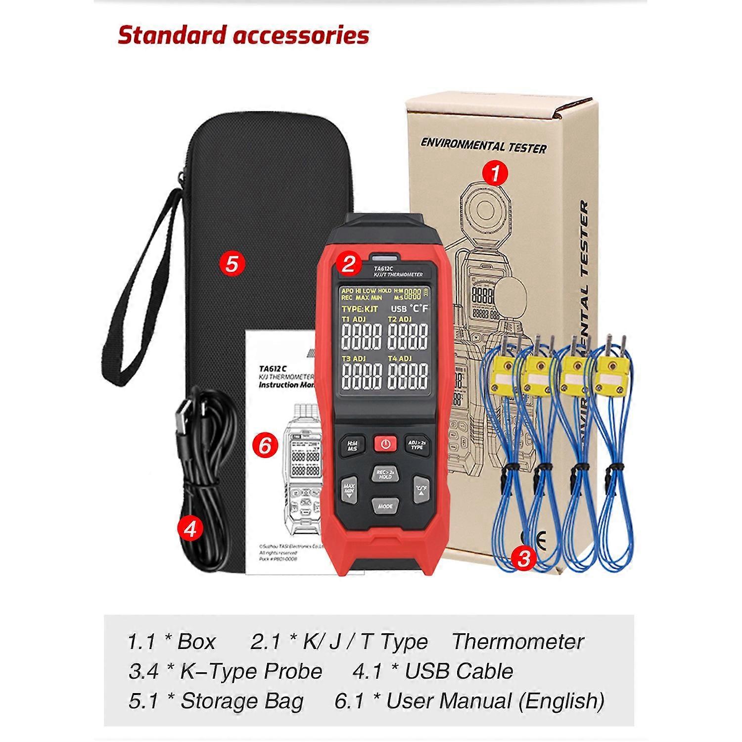 K/ J / T TypeThermometer 4 Channels Digital Thermocouple Thermometer 5000 Group Data Storage VA Colo