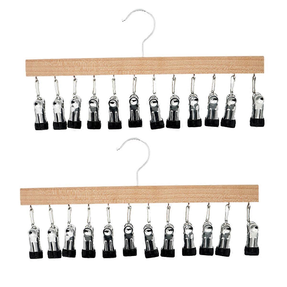 Wood Hanger, with 12 Nonslip Clips, 2PCS Legging Organizer for Closet