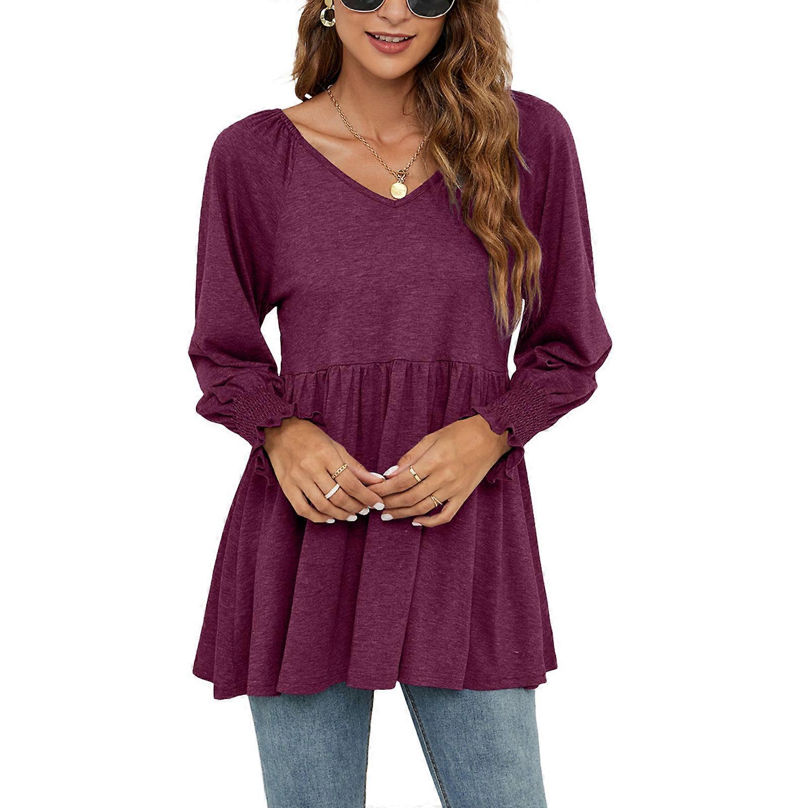 Dame Bluser Mode 2023 Smocked Langærmet V-hals Afslappede skjorter Pullover Toppe Bordeaux XL