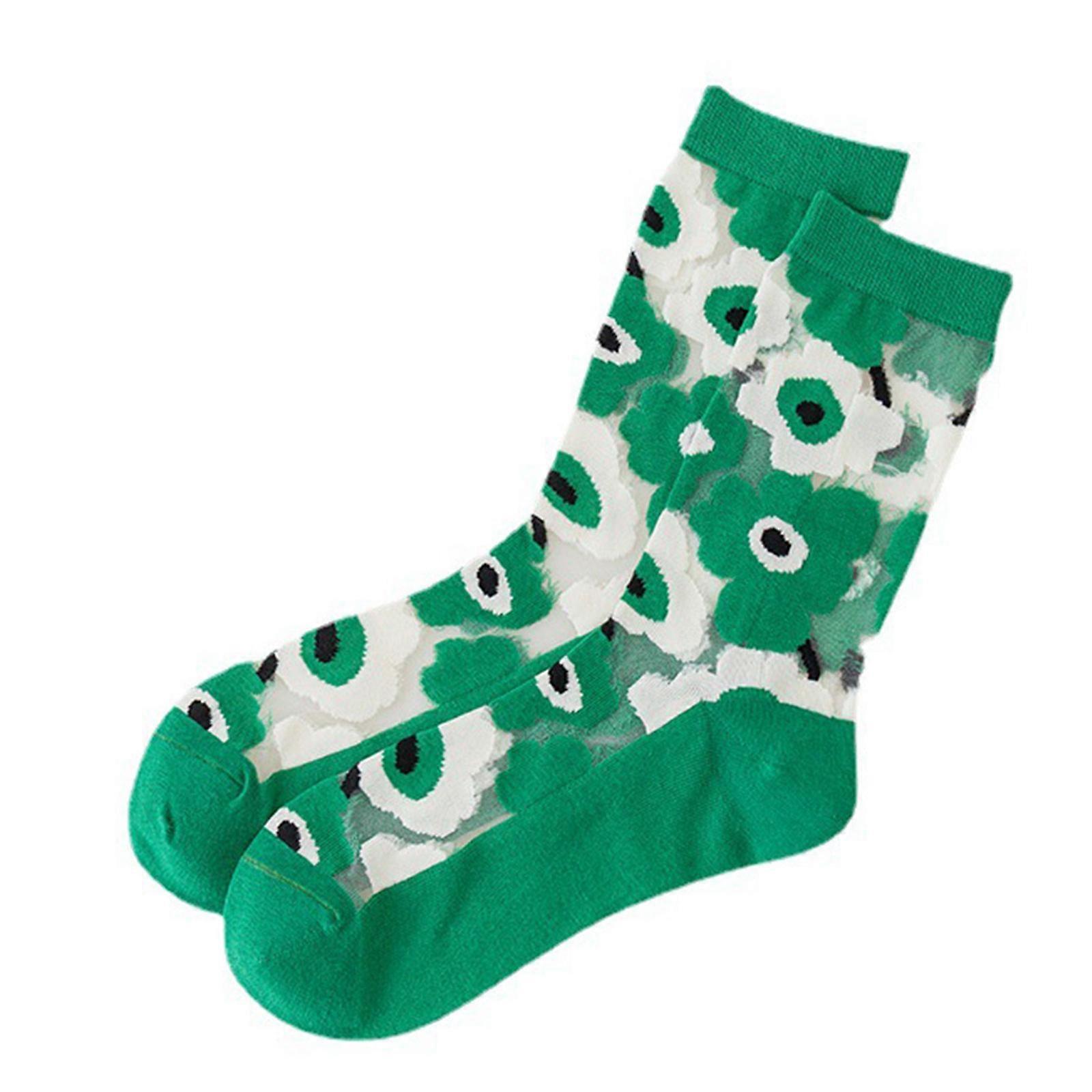 Women Glass Fiber Mesh Crew Socks Contrast Color Green Geometric Pattern Hosiery