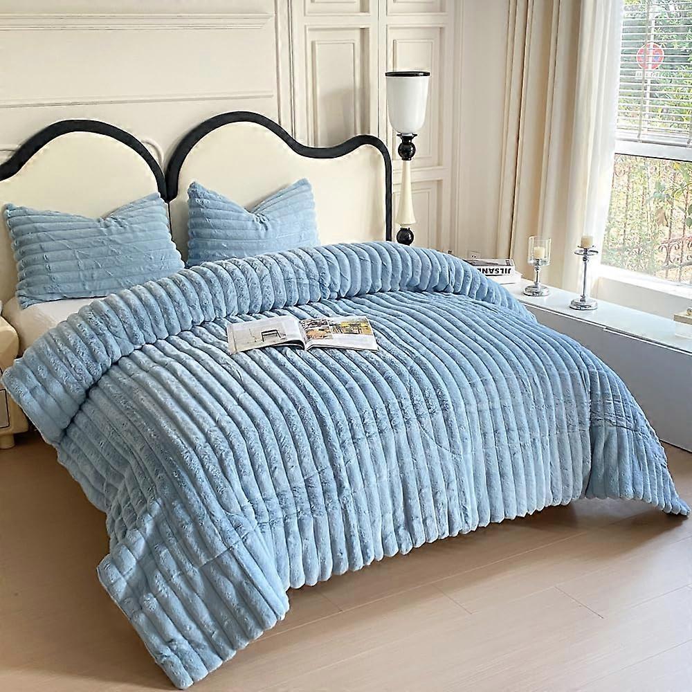 Ultra Soft Shaggy Flannel Velvet Fluffy Fuzzy Striped Blue Sky Comforter Set for Twin/Full Beds Twin/Full Size