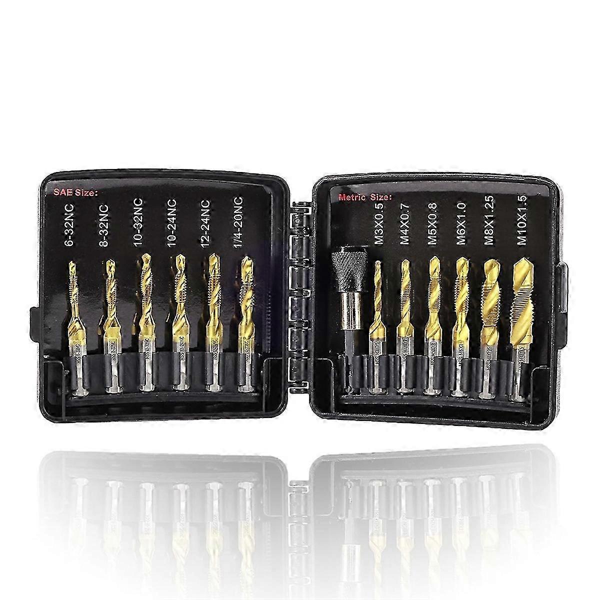 Drill Tap Set with Quick-Change Adapter of 13Pcs, 6 SAE Sizes, 6 Metric Sizes, Combination Drill and YY