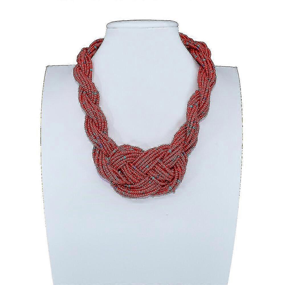 Multi-layer Braided Seed Beads Collar Statement Necklace - Red