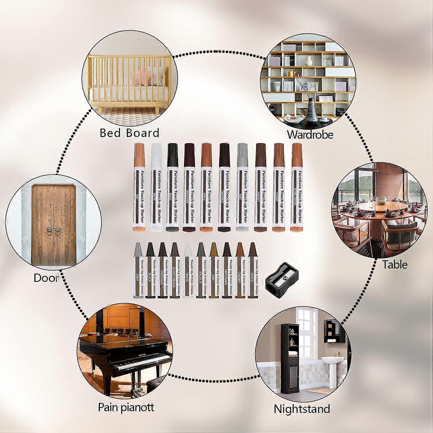 Wood Scratch Repair Kit Furniture Touch Up Pens and Wax Sticks with Sharpener Kit for Funiture 21 Pcs Wood Filler Laminate Floor Repair Kit