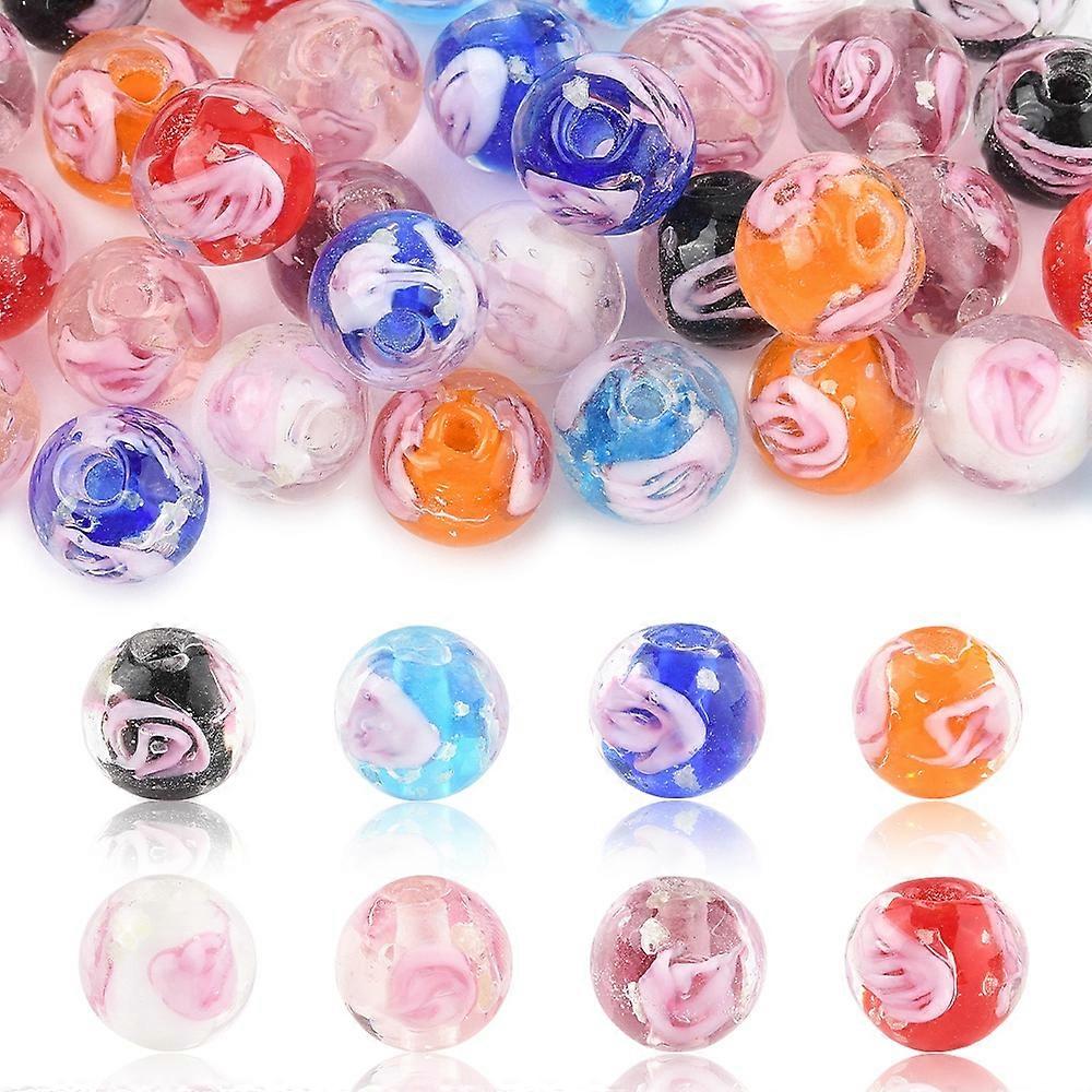 32Pcs 8 Colors Handmade Luminous Inner Flower Lampwork Beads Round Craft Beads