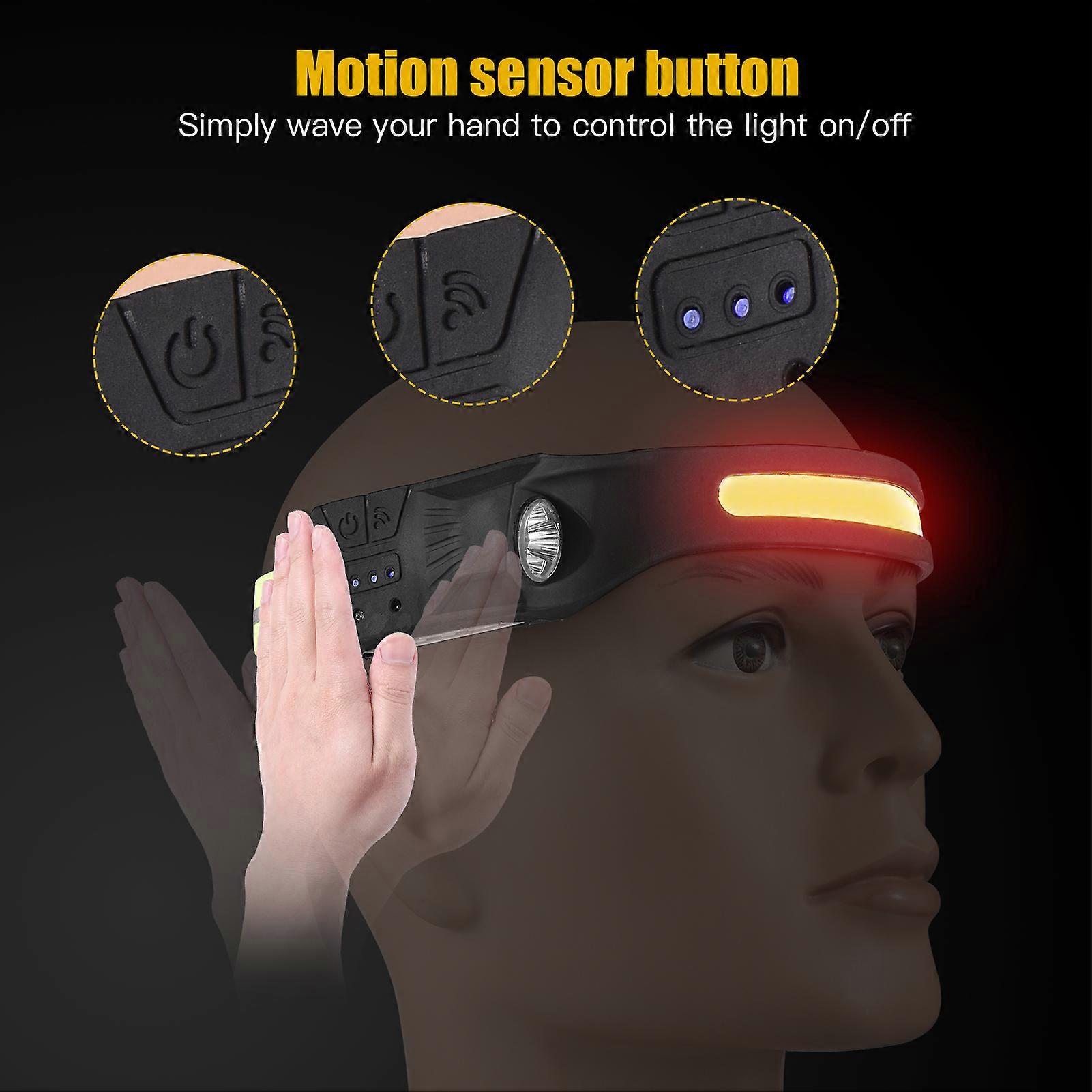 LED Headlamp with Motion Sensor USB Rechargeable LED Head Light Lamp Flashlight with 7 Modes 230° Wide Beam for Camping Cycle Hiking Running Walking