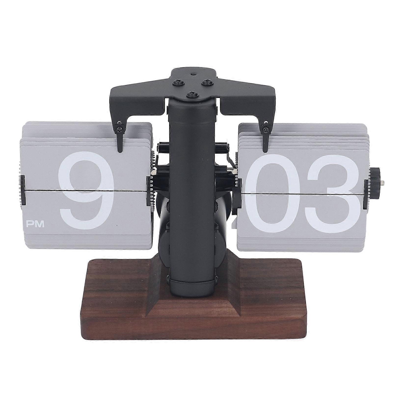 Digital Flip Desk Clock, 12 Hours, Single Sided, Battery Powered, Retro Mechanical, with Wooden Base, for Living Room, Office, Black Frame, Gray Pages