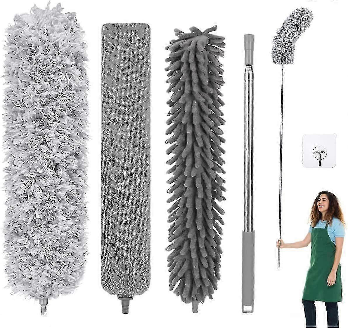 5 Pcs Extendable Feather Duster, Bendable Microfiber Duster With Extra Long 100' Telescopic Extension Pole And Soft Silicone Cap, Washable Duster For