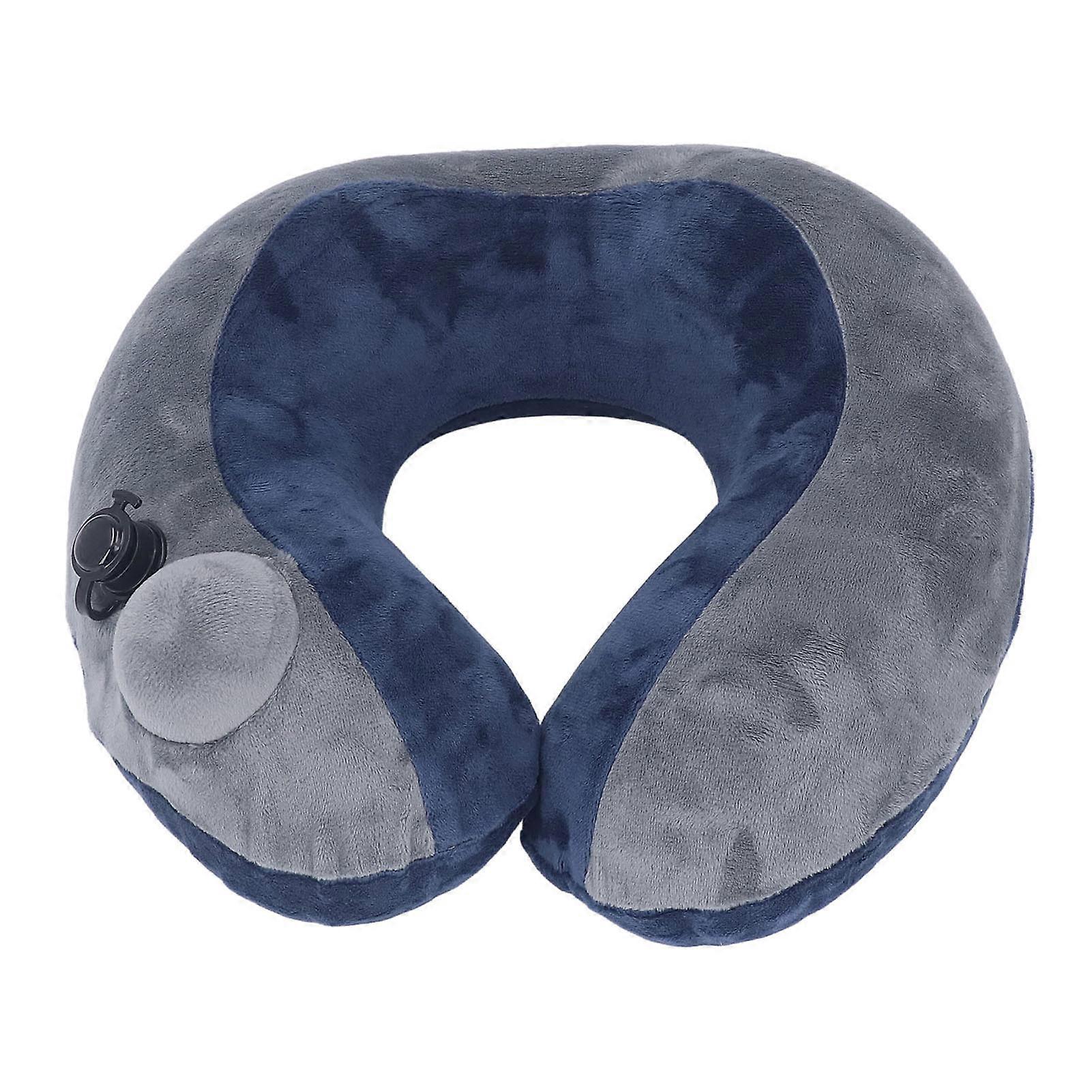 Self Inflatable Travel Pillow U Shaped Portable Neck Chain Support for Sleeping Napping Dark Blue with Gray 