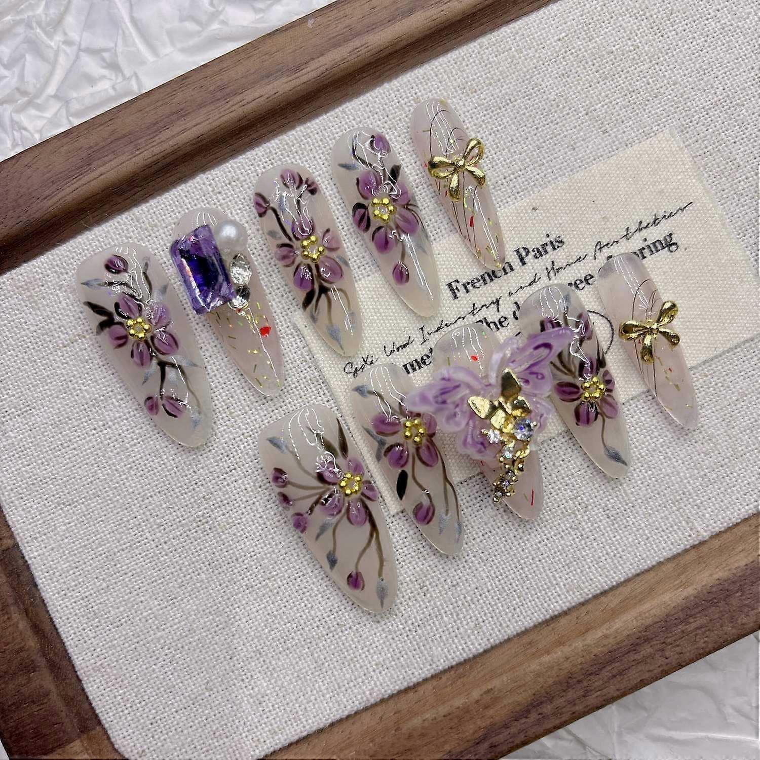 Purple Butterfly Press on Nails Elegant Floral Winter Nails