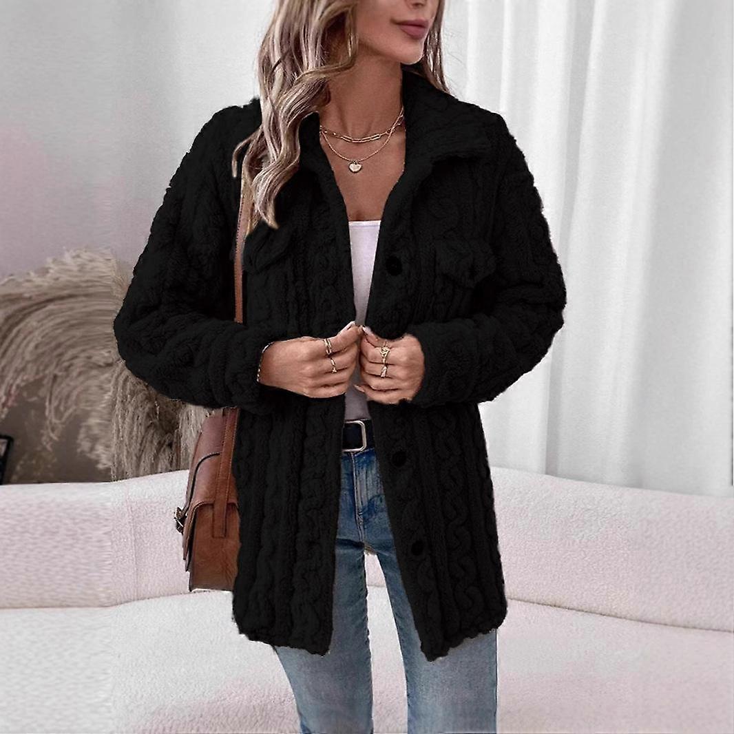Women's Winter Corrugated Button Long Sleeve Lapel Casual Plush Jacket