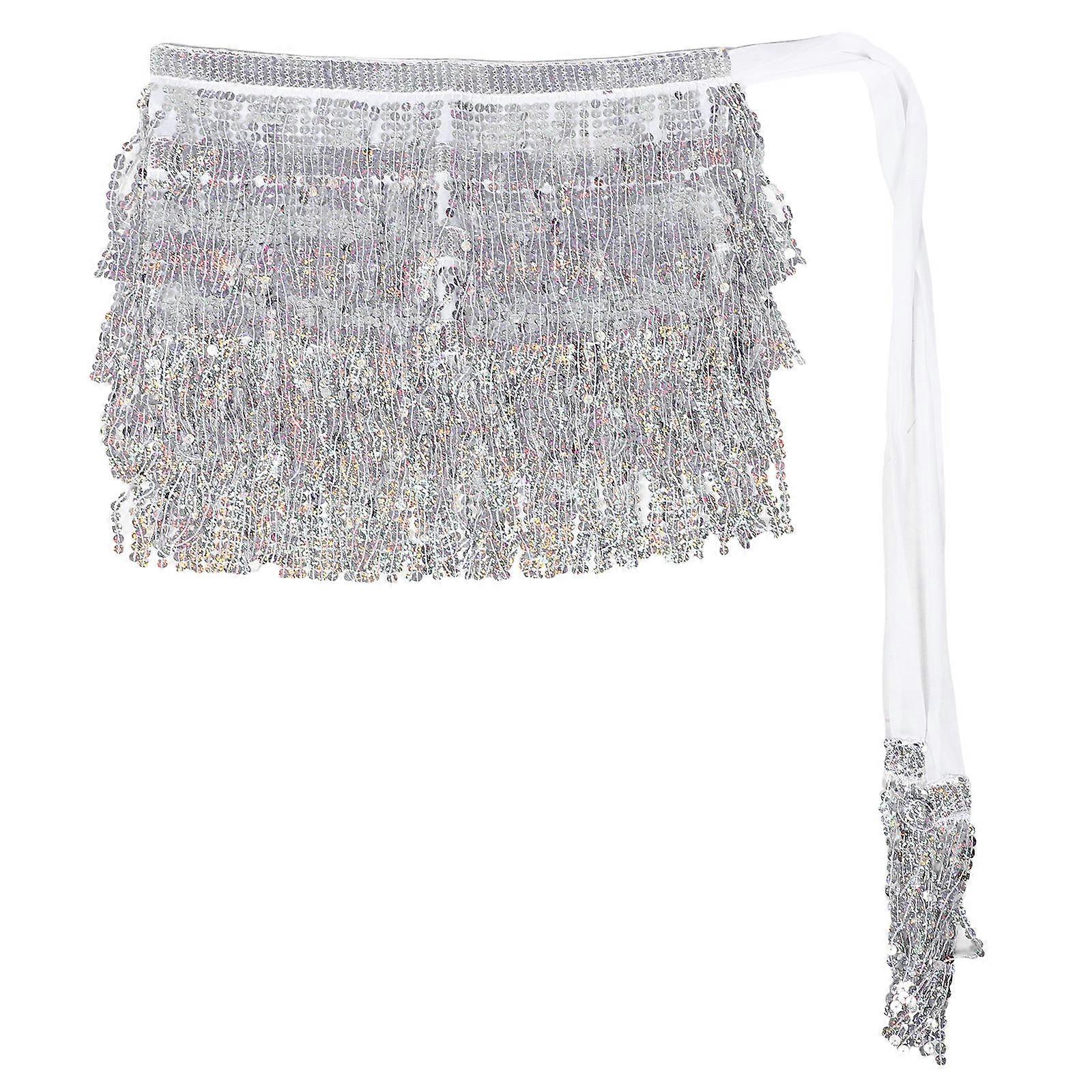 Silver Sequin Fringe Hip Scarf for Dance Party with Boho Design and Charm belly Chain Polyester