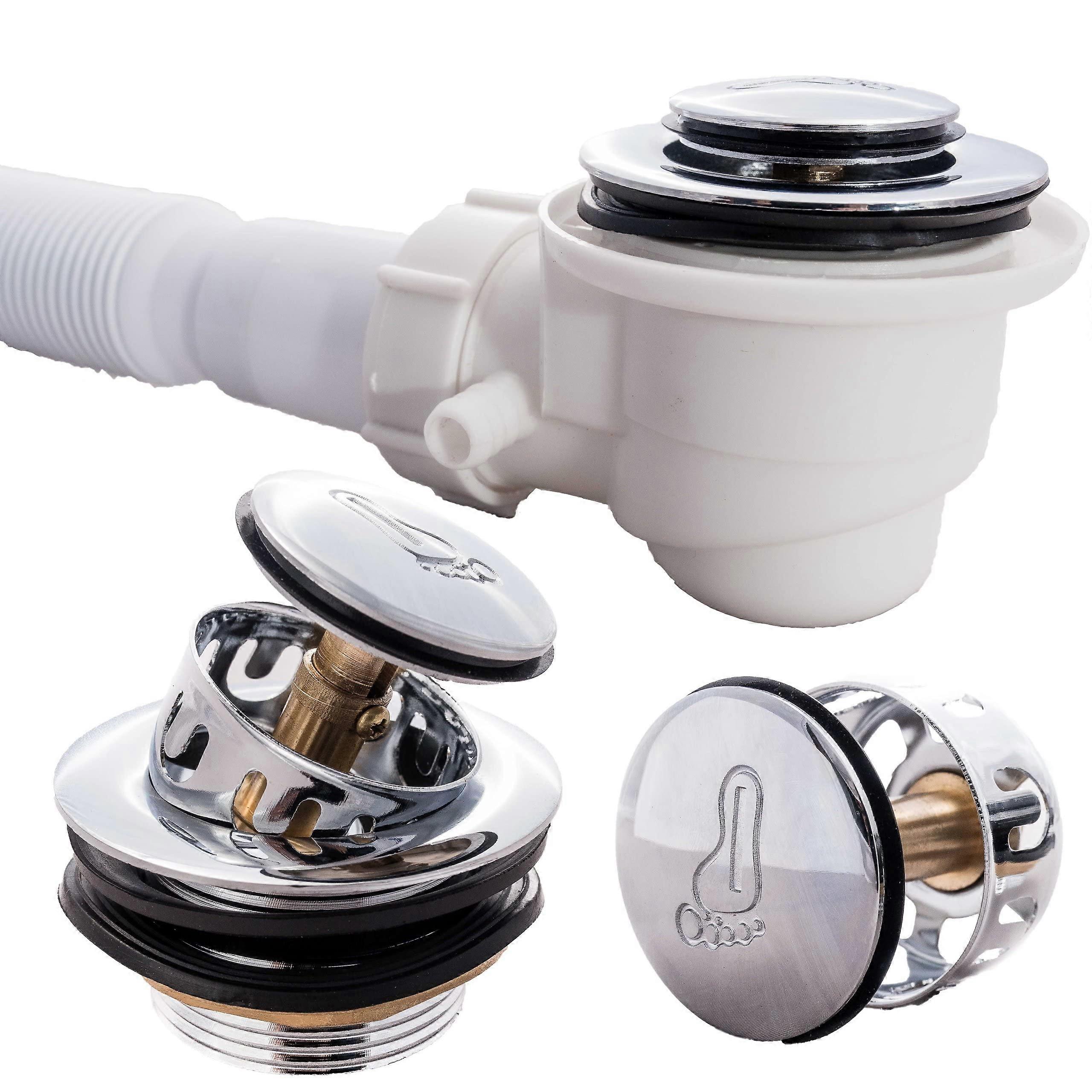 Drain Fitting Shower Tray Siphon with Bath Plug  Chrome  Prevents Clogging  Odours