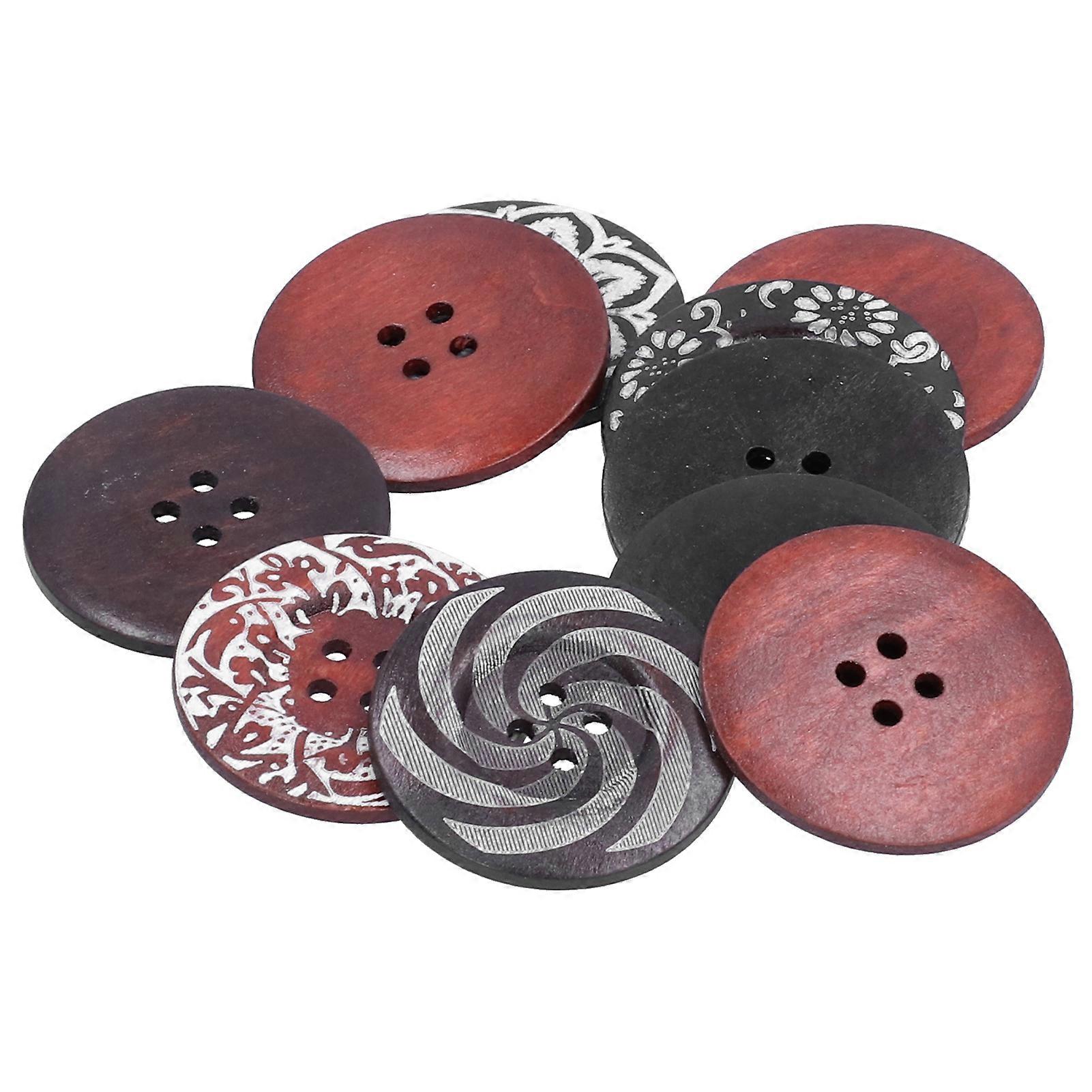 10Pcs 4-Hole Round Wood Buttons 93g Mixed Pattern for Crafts