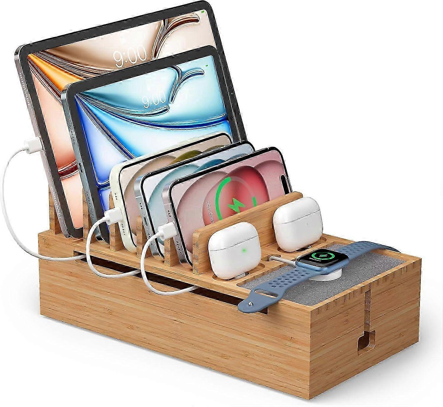 2025 Latest Model Bamboo Charging Stand Rack, Wooden Charge Box for Mobile