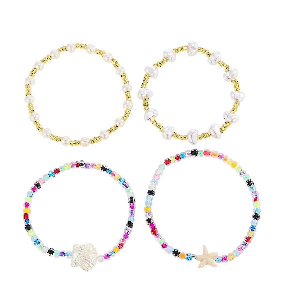 Bohemian Bracelet Set, Starfish Shell Seaside Colorful Rice Beads Imitation Pearls Handmade Jewelry