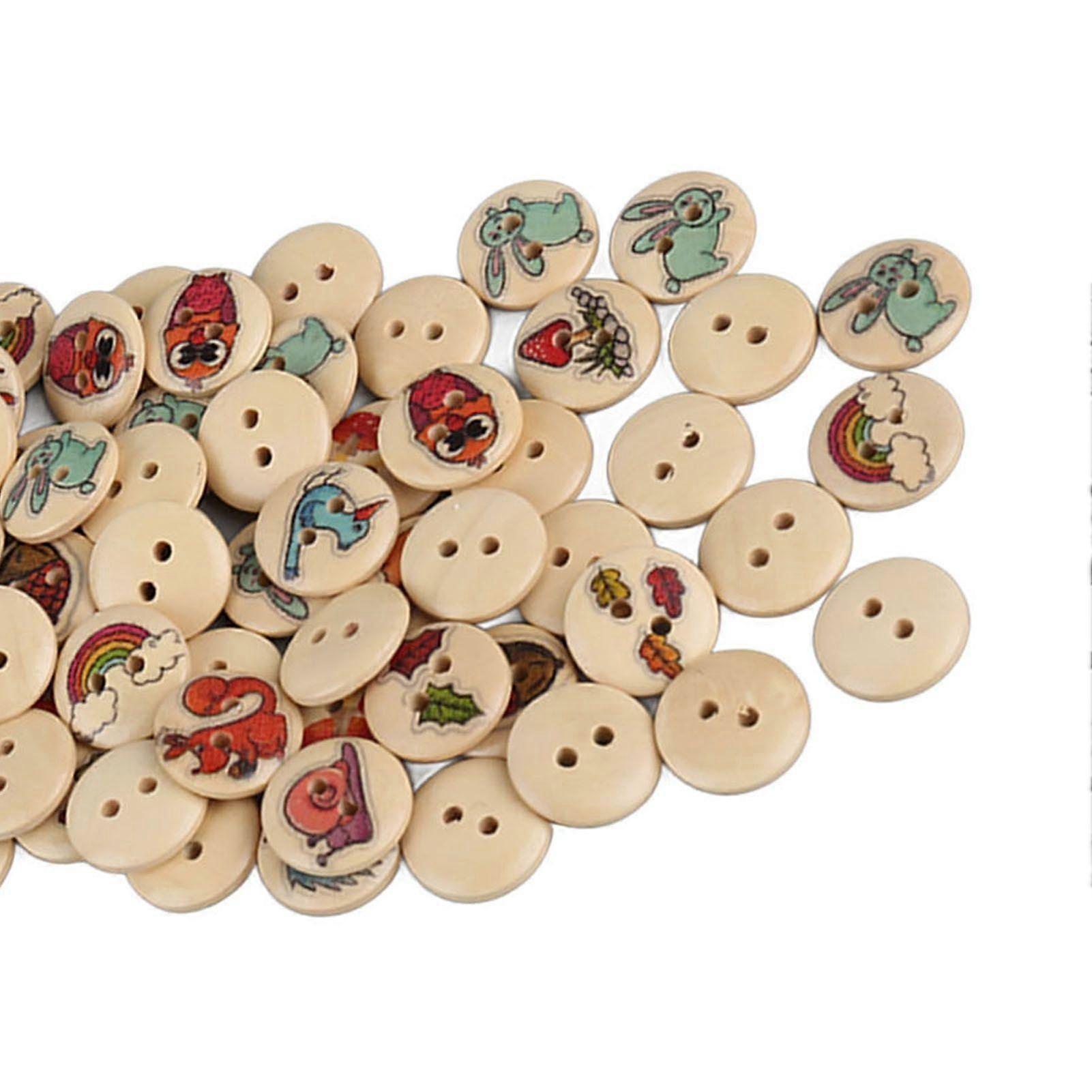 100pcs Mixed Printing Wooden Buttons 2 Holes Round Decorative Wooden Buttons for Sewing Craft Log Color  Cartoon Forest Animals