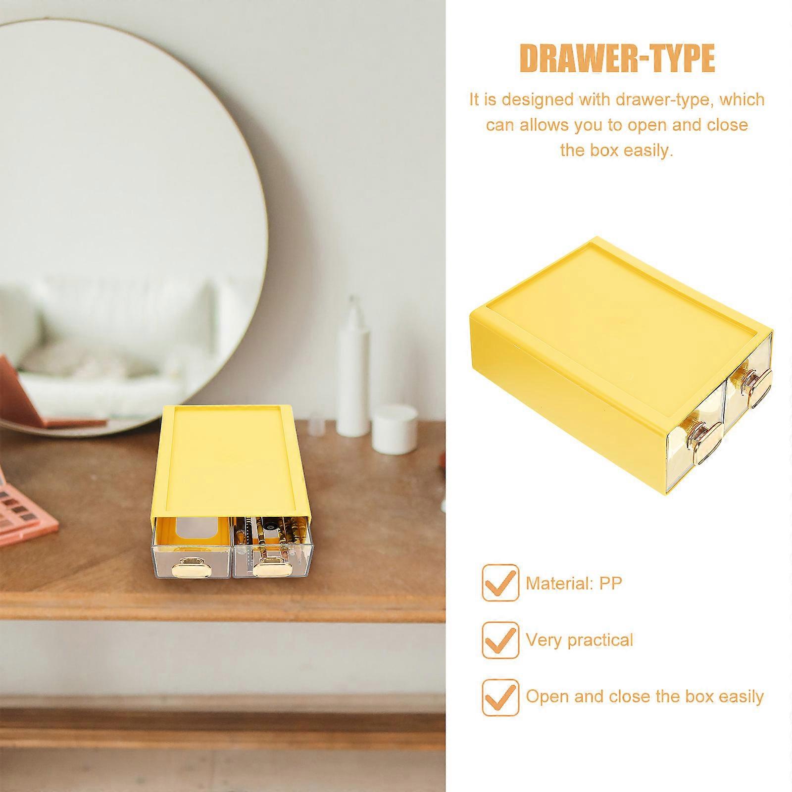 Drawer Stationery Container for Storage 2 Compartments Yellow PP Material