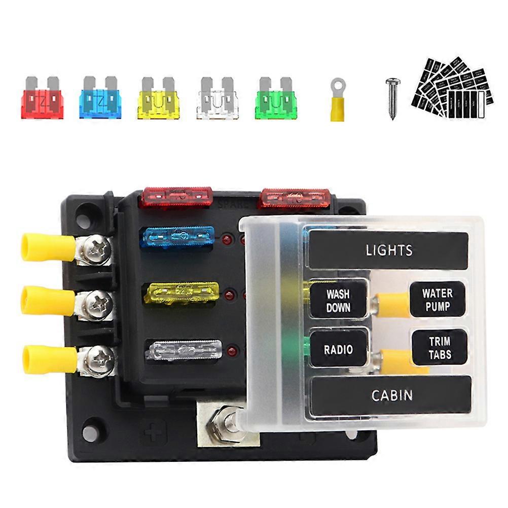 Fuse Panel 6-Way Fuse Box Terminal Block For Marine Use Black Color With Rotatable Cover And Warning Light 1 Set