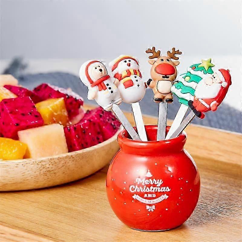 5Pcs/Set Christmas Fruit Fork Stainless Cartoon Santa Claus Salad Vegetable Fork