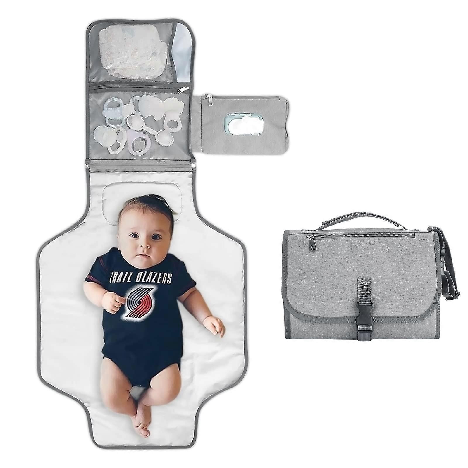 Portable Baby Changing Mat Foldable Waterproof Travel Diaper Pad With Storage Pockets And Head Cushion Grey