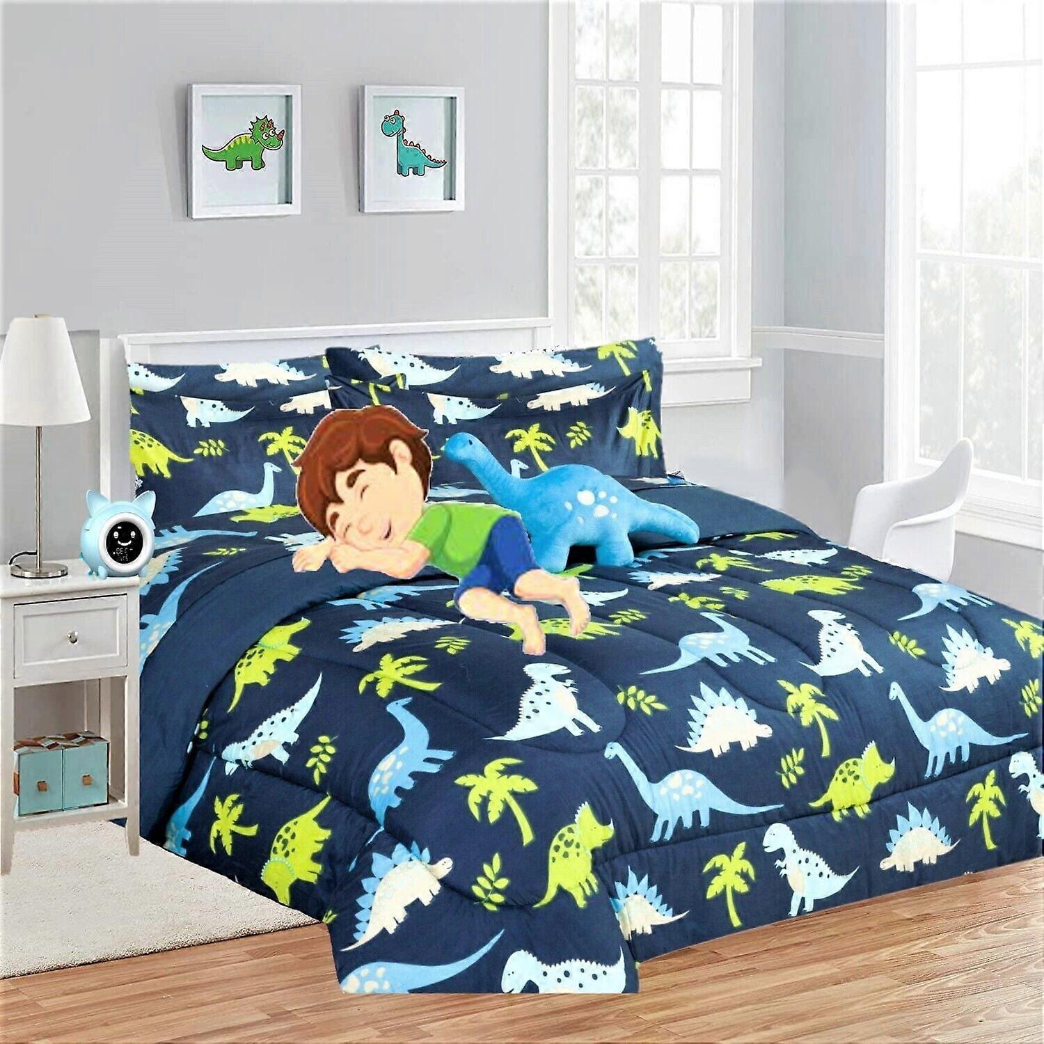 6pc Kids Comforter Set Twin Size Dinosaur Blue Reversible, 1 Comforter, 1 Sham, 1 Flat Sheet, 1 Fitted Sheet, 1 Pillowcase, 1 Decorative Pillow