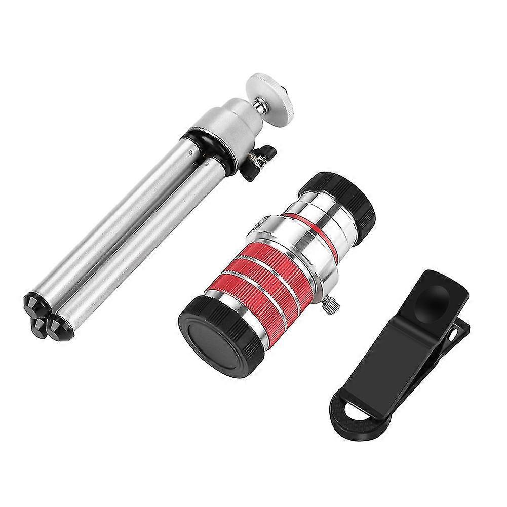 2025 10 Times Cellphone Monocular Kit Telescope Phone Clip Tripod Bag Accessory (Red)