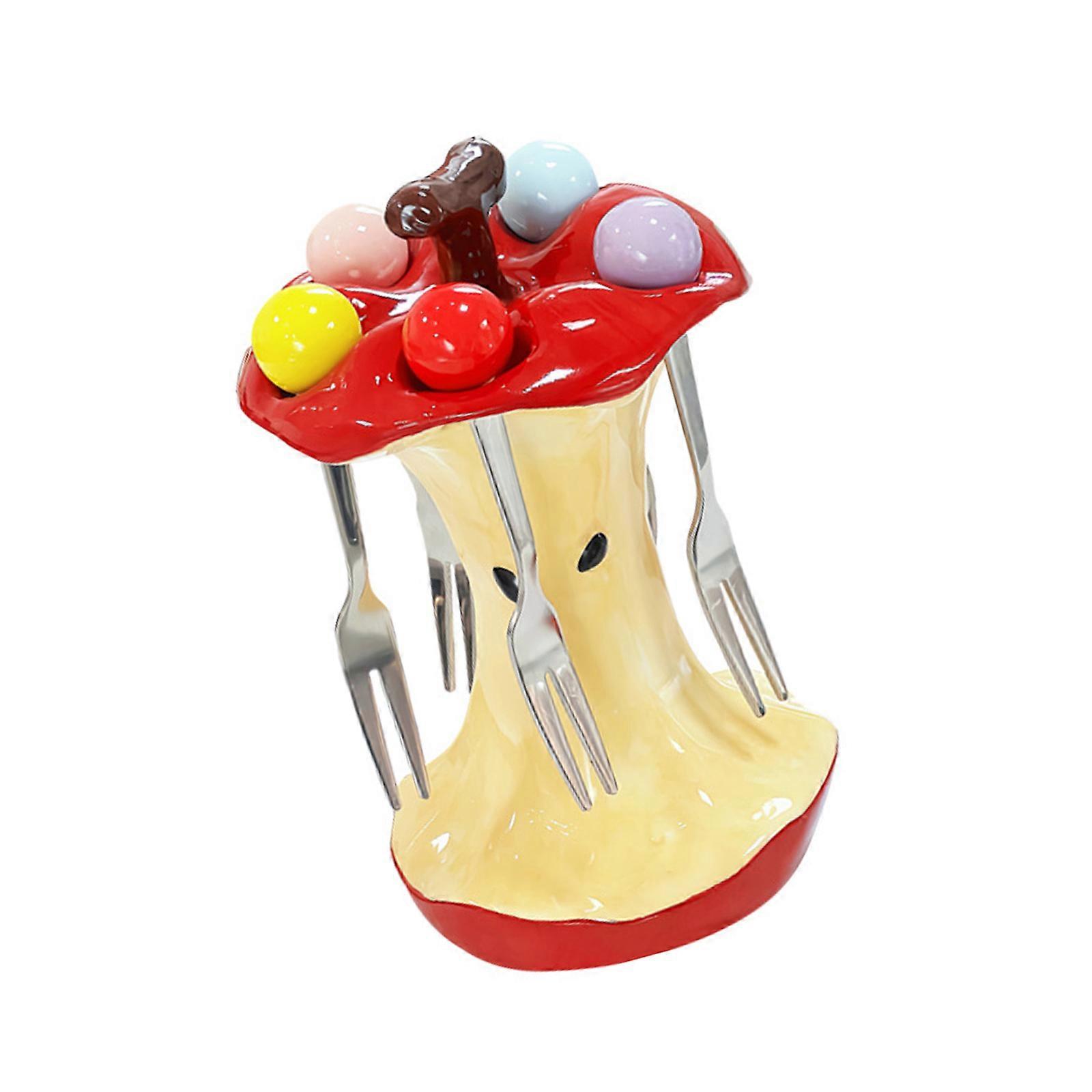 Decorative Apples Shape Ceramic Stand With 4 Snacks Forks Kitchen Countertop Storage Solution  Red