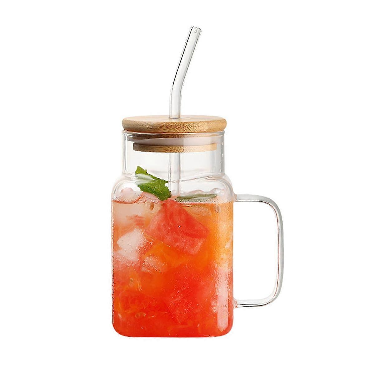 Glass Coffee Mug Set with Lid and Glass Straw, Handle Glassware for Latte Tea Juice
