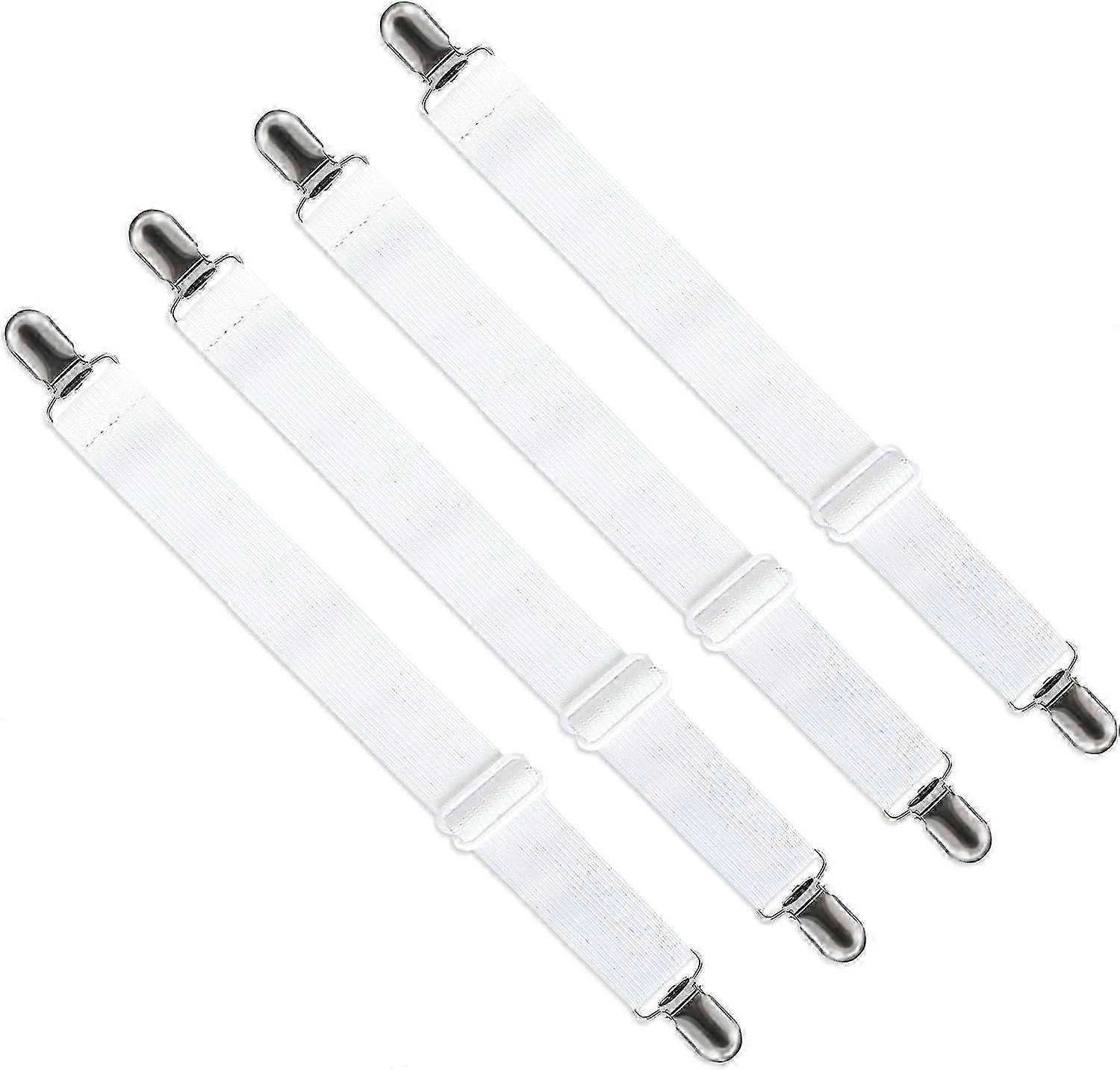 Adjustable Fitted Sheet Stretcher (65cm to 200cm), Adjustable Hold Down Strap Fastener for Bed Sheet, Sofa, Ironing Cover (White, Pack of 4)