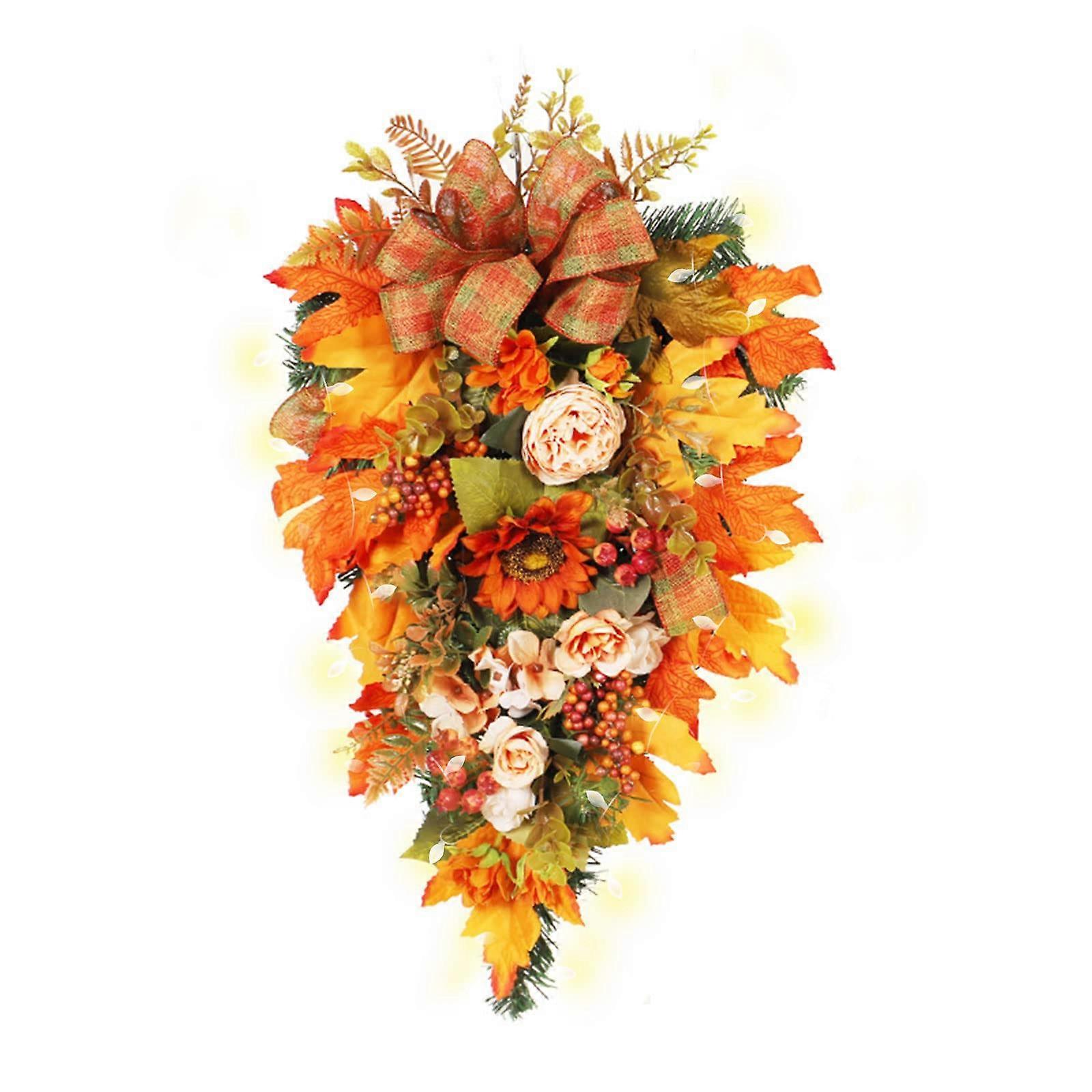 Fall Door Swag with LED Lights, 22 Inch Autumn Teardrop Wreath with Maple Leaves and Sunflowers