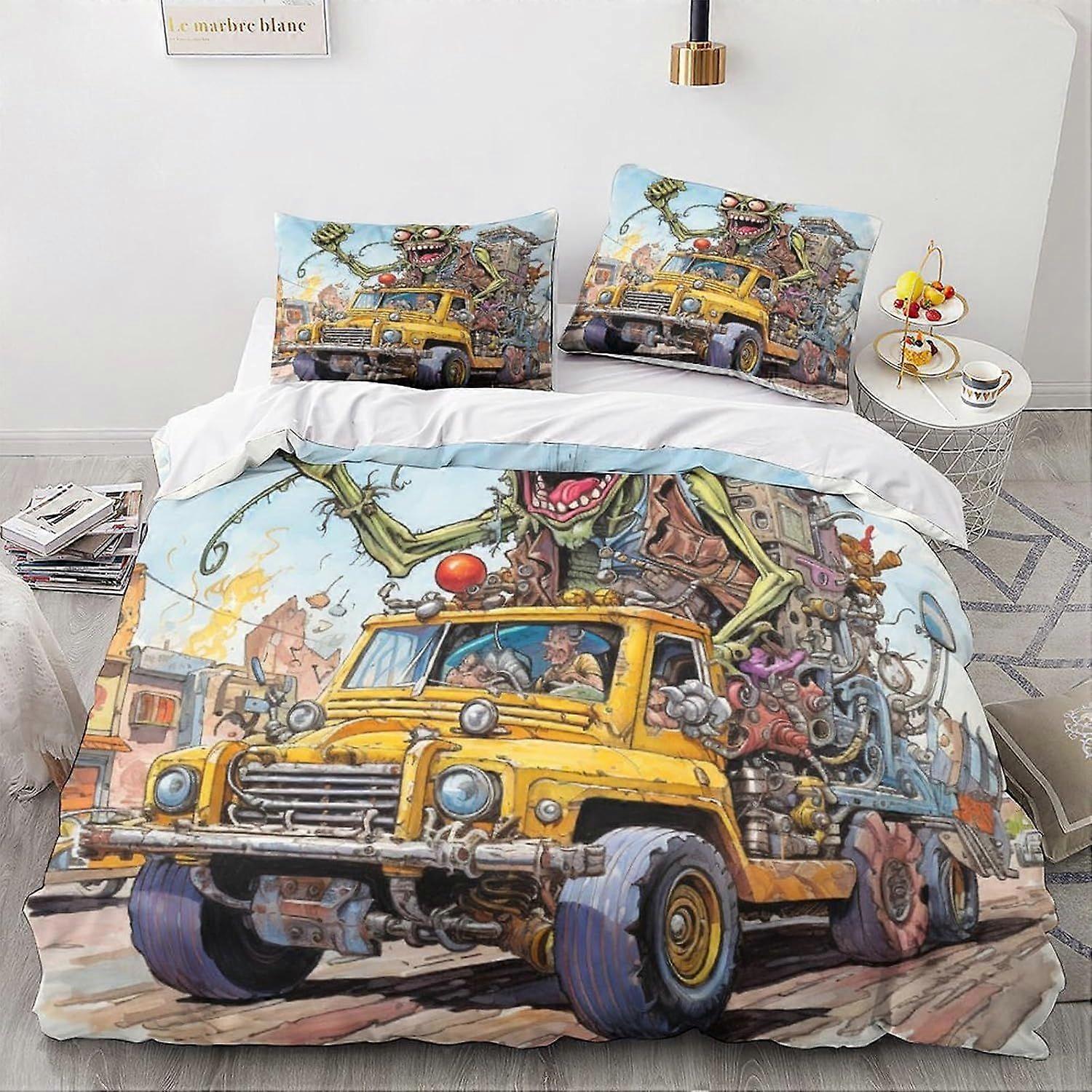 LikeEj monstro edredom capa set 3D cartoon padrão printe cama cama edredom capa conjunto, microfibra macia vintage carro colcha capa rei