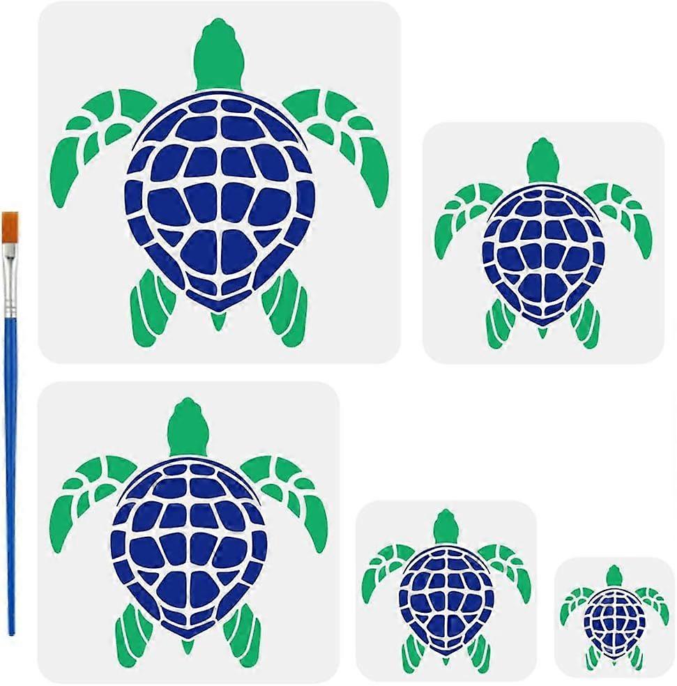 5 PCS Turtle Stencil with 1Pc Plastic Paint Brush 5 Sizes Turtles Pattern Plastic Stencil Ocean Theme Template for Painting on Wood Wall Canvas Fabric