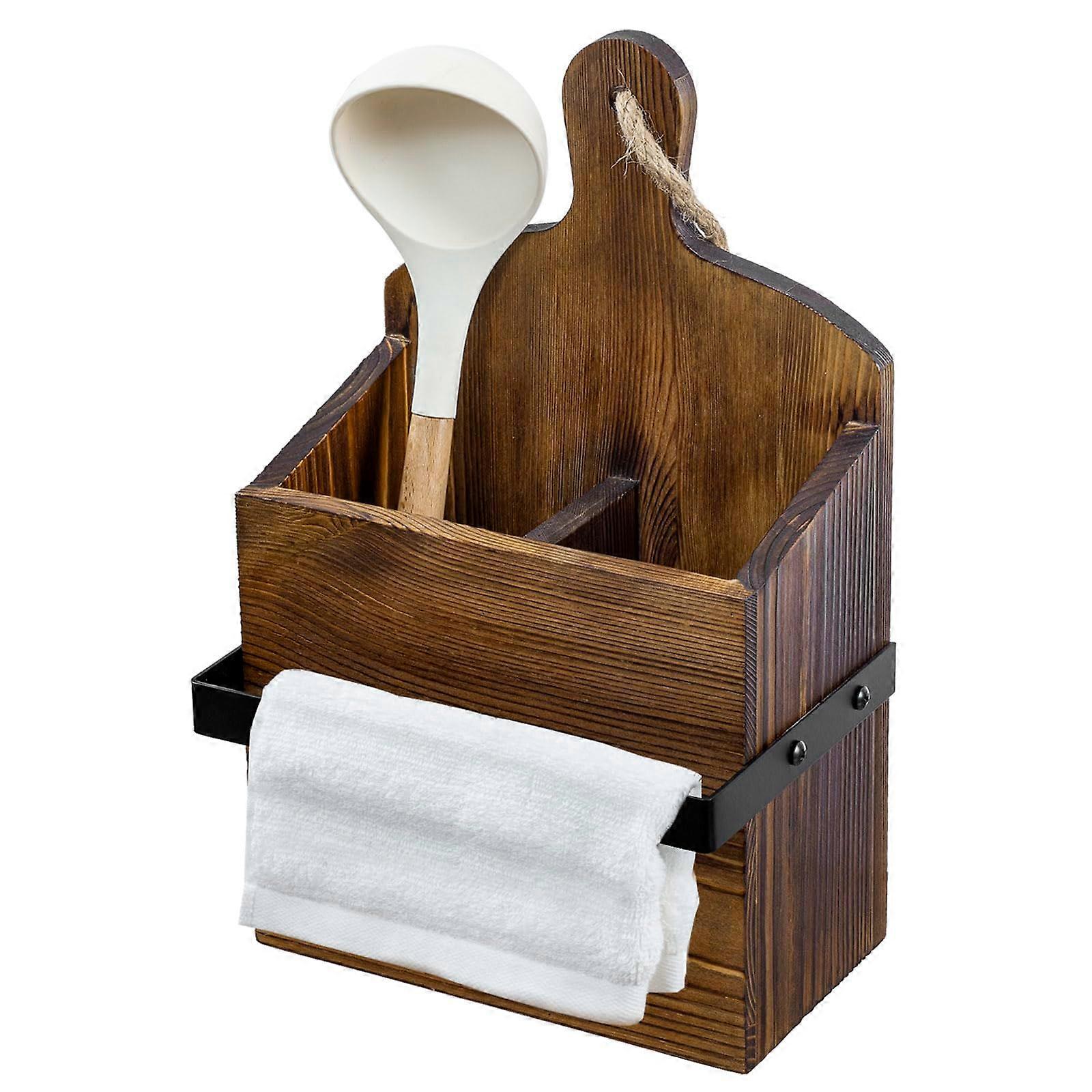 Rustic Wall Mounted Kitchen Utensil Holder with Towel Bar, Solid Wood Cutting Board Style Rack