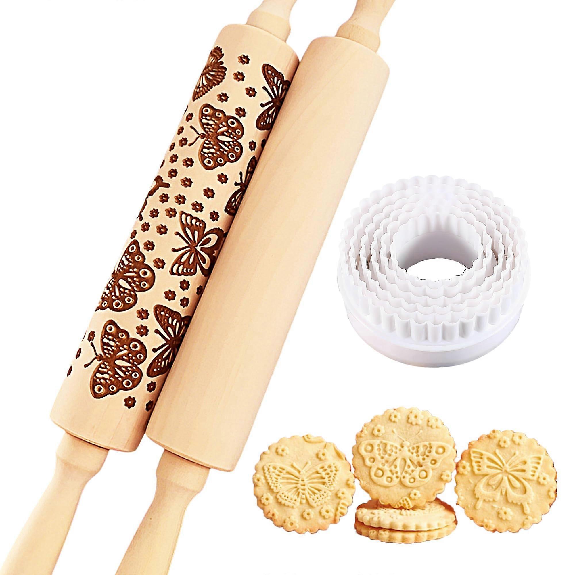 Embossing Rolling Pin with Crisp Butterfly Design, Wooden Christmas Baking Tool with Cookie Cutters