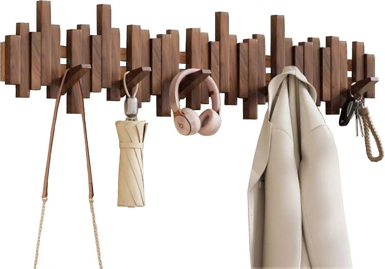Wall Mounted Coat Rack with Magnetic Lock Flip Hooks, Solid Wood, 55lbs Capacity, 12 Hooks