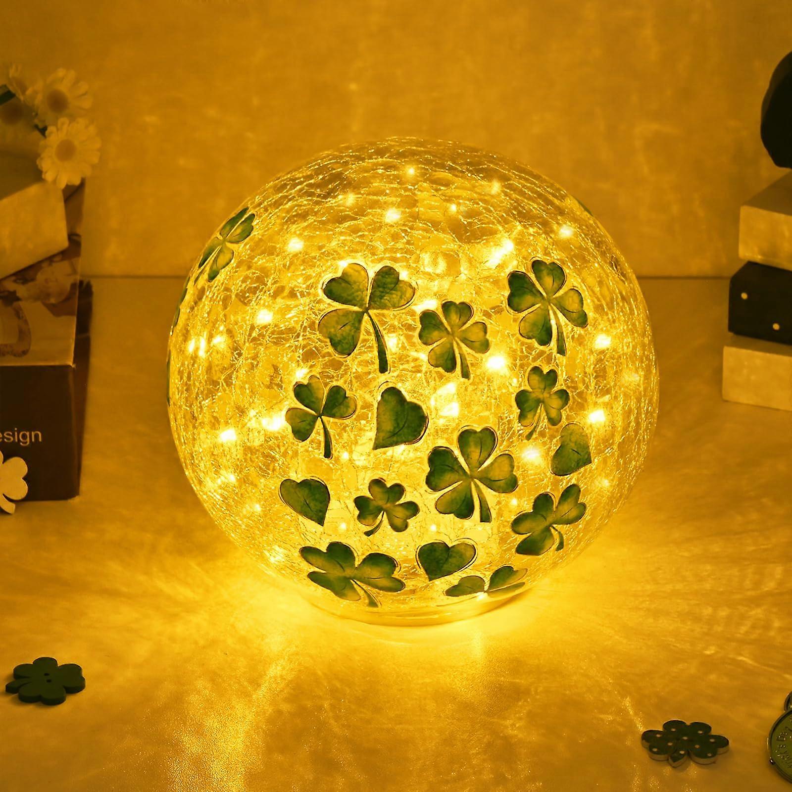 St Patricks Day Decorations 5.9' Shamrock Globe Night Light with Timer, LED Crackle Glass Table Lamp