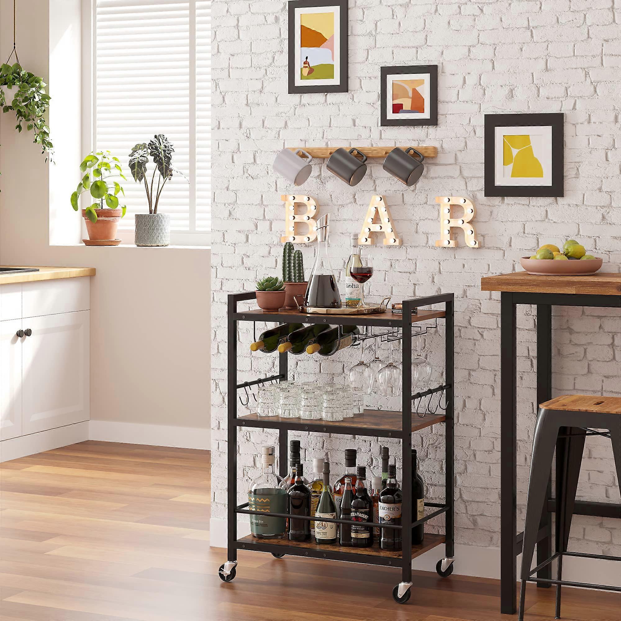 Rolling Bar Cart with Wine Rack and Glass Holder, Kitchen Serving Cart with Large Storage, Brown