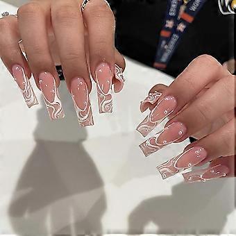 24 Pcs Long Press on Nails with Glue, Acrylic Fake Nails for Women, Swirl Pearl Design