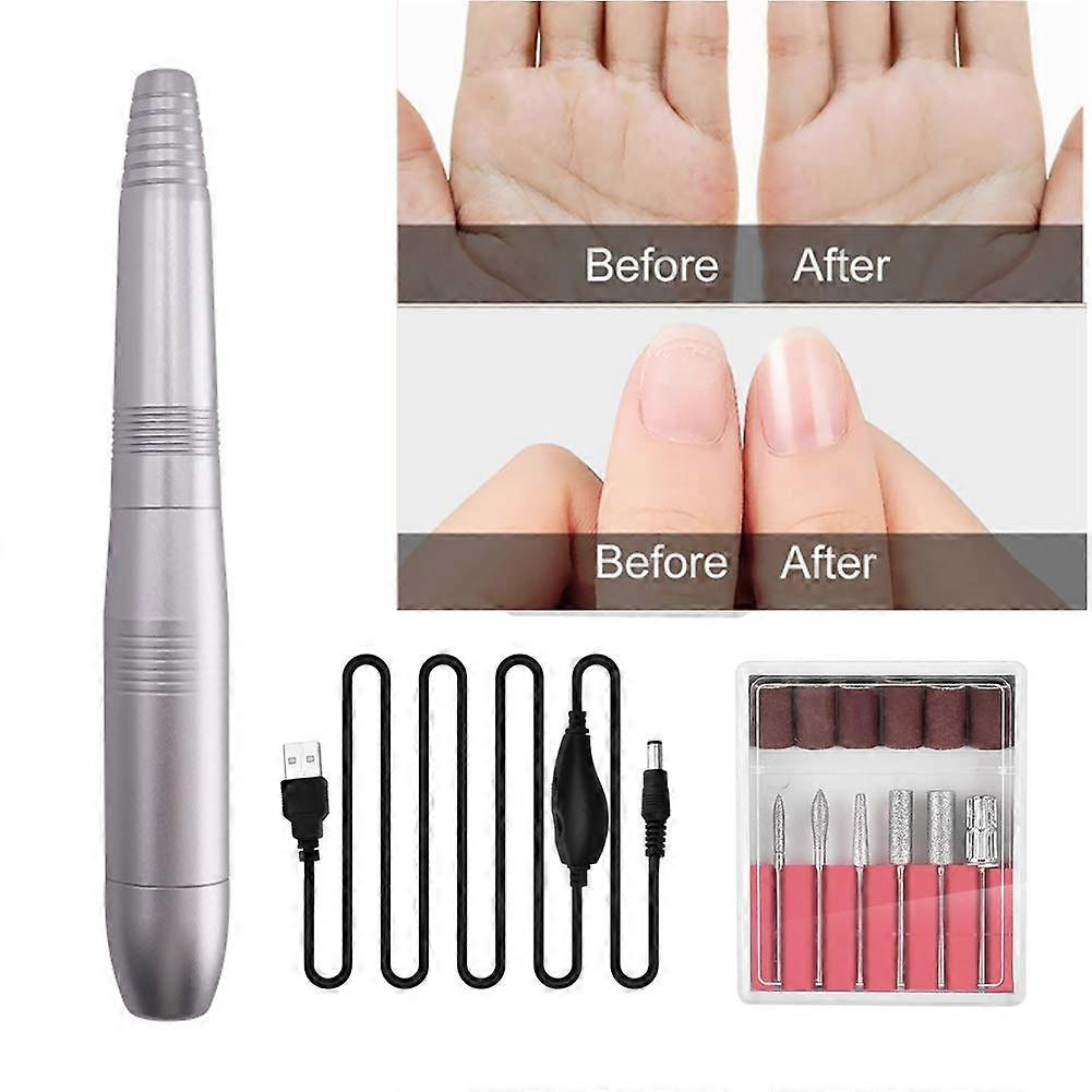 Electric Nail Drill Kit 20000RPM with 6 Bits, Low Noise, Variable Speed, USB Rechargeable Silver