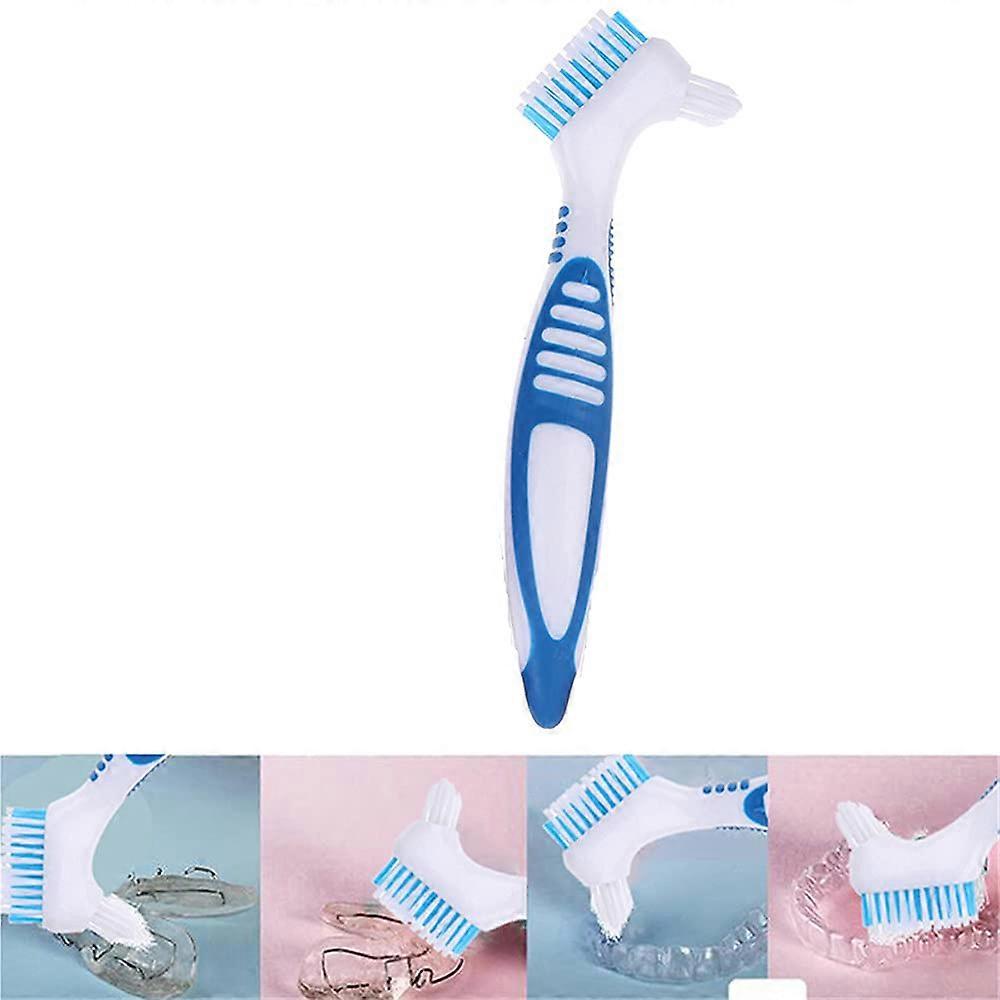 Double Sided Denture Cleaning Brush with Ergonomic Grip Handle for False Teeth, Blue and White