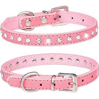 Elegant Sparkling Suede Collar with 1 Row of Rhinestones for Small Pet Cat Dog Puppy (M, Pink)