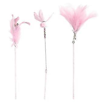 3 Piece Pink Feather Bell Funny Cat Stick Interactive Portable Cat Feather Wand Toys compatible with Pet Cats
