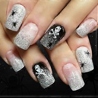 Kit de unhas postiças de Halloween: Quadradas curtas, pretas e brancas com glitter, caveira e aranha, 24 peças reutilizáveis.