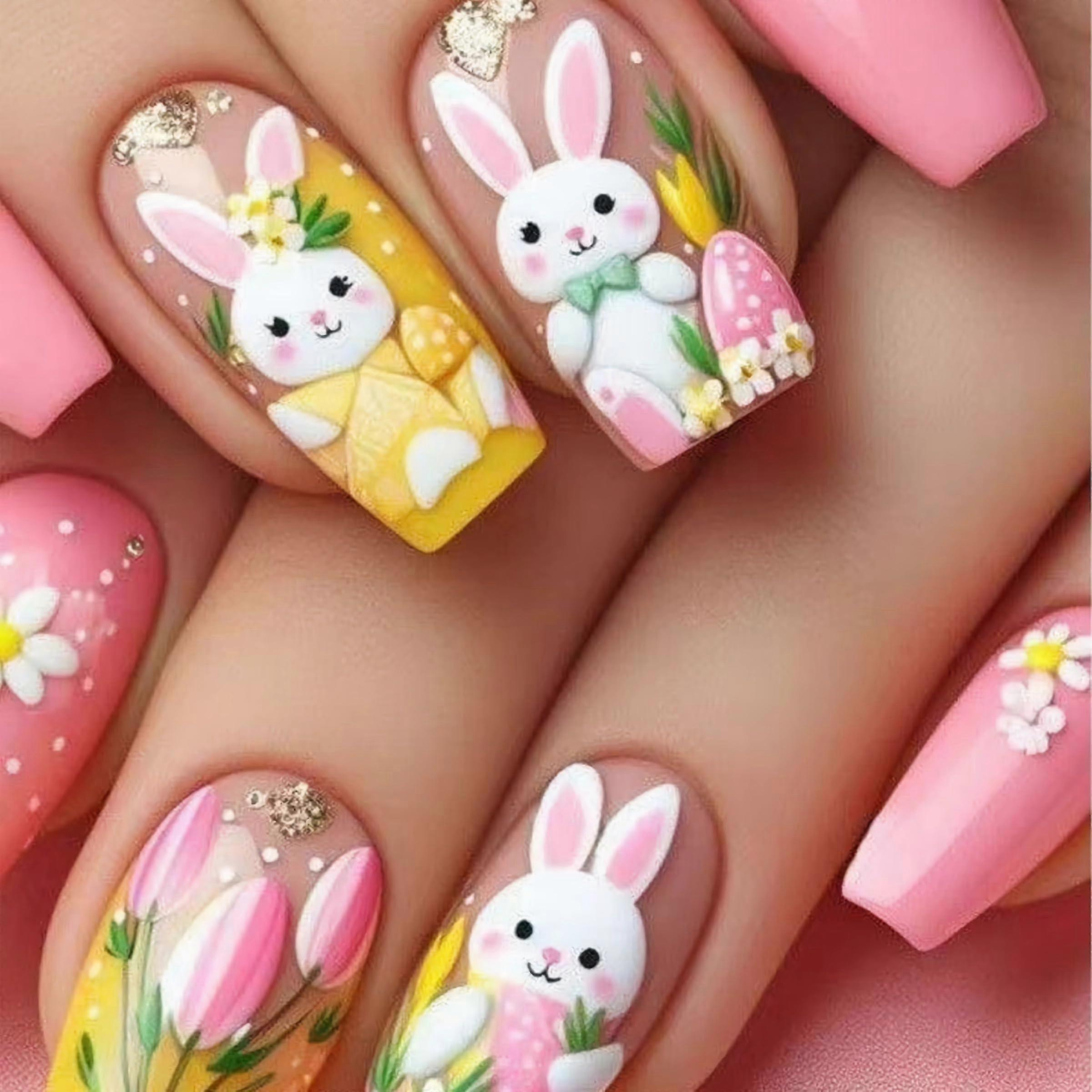 Long Lasting Press On Nails Pink Yellow