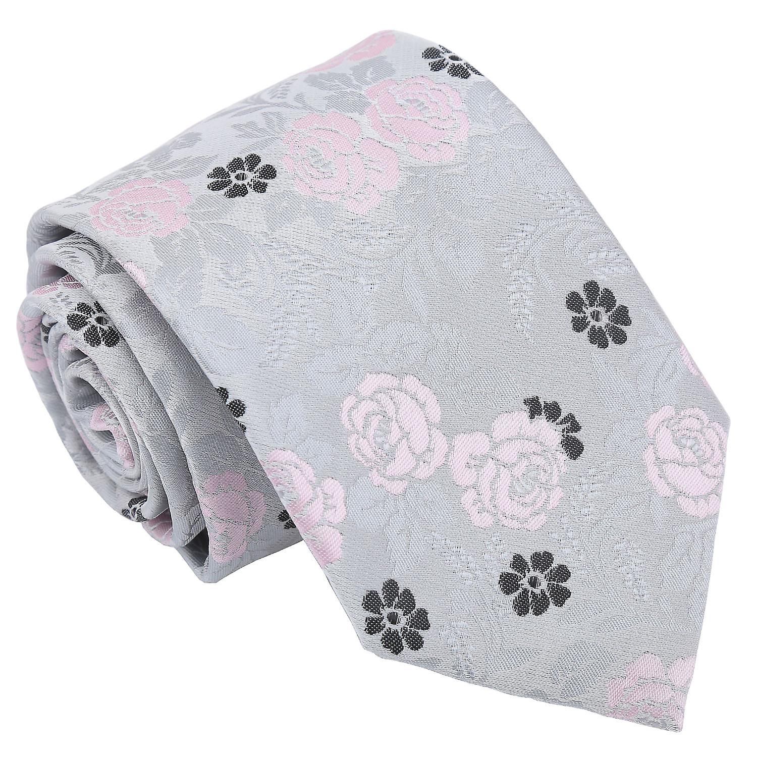 Silver and Pink Floral Rose Tie