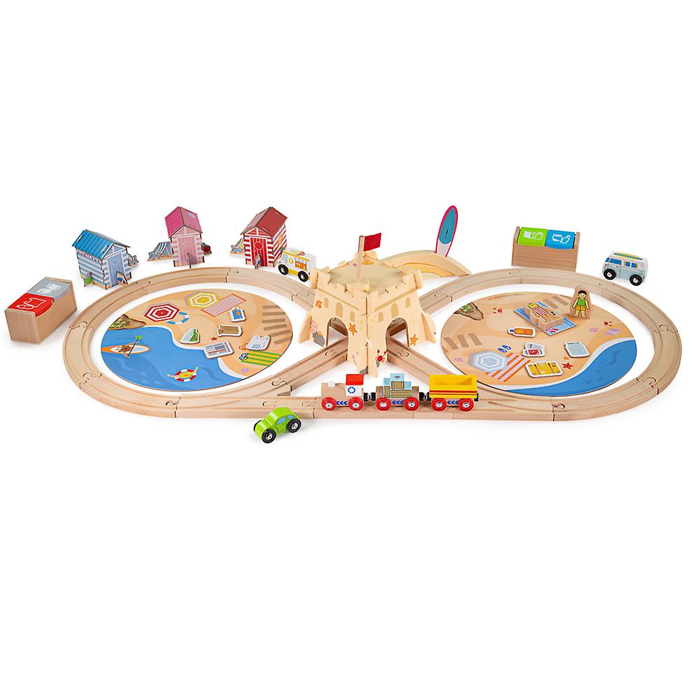 Bigjigs Rail Wooden Coastal Clean up Train Set, Wooden Train Set - 70 Pieces